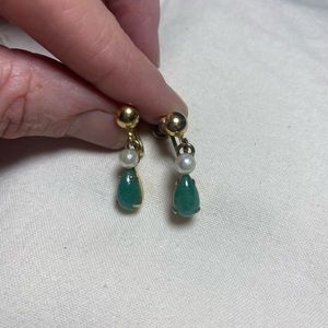 Graceful Pearl Jade Vintage 12k Gold Earrings Non-pierced Ears